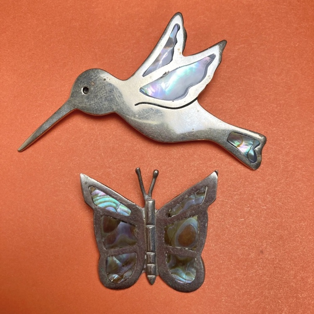 VINTAGE 2 Alpaca Mexico ABALONE Shell Inlay Butterfly Hummingbird Pin Lot Silver